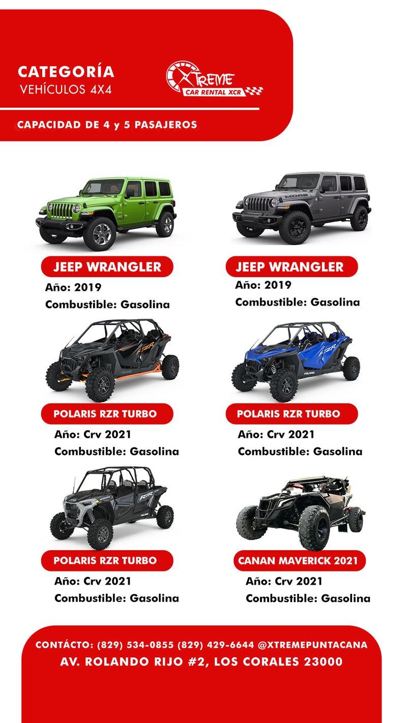 Vehículos 4x4 y buggies — Jeep Wrangler, Polaris RZR Turbo, Can-Am Maverick