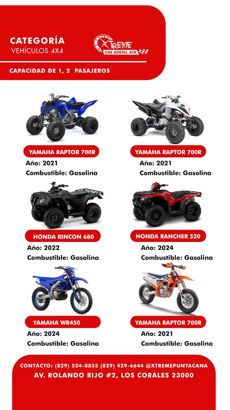 ATVs y motocross — Yamaha Raptor 700R, Honda Rincon 680, Honda Rancher 520, Yamaha WR450