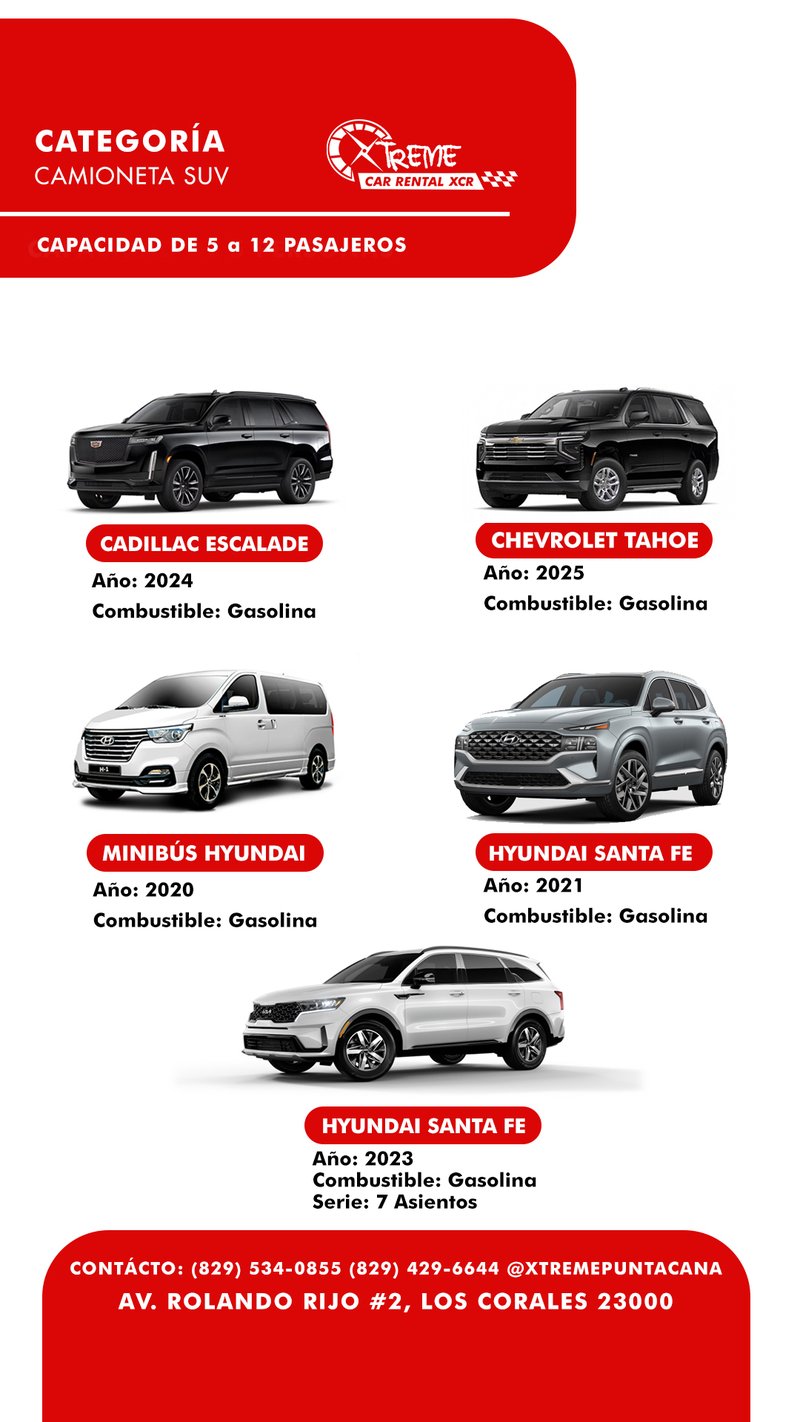 SUVs grandes — Cadillac Escalade, Chevrolet Tahoe, Minibús Hyundai, Hyundai Santa Fe